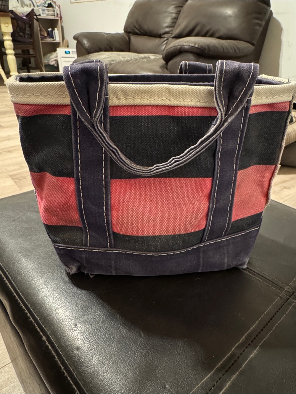 Vintage L.L. Bean Striped Canvas Boat and Tote Bag in Navy & Raspberry